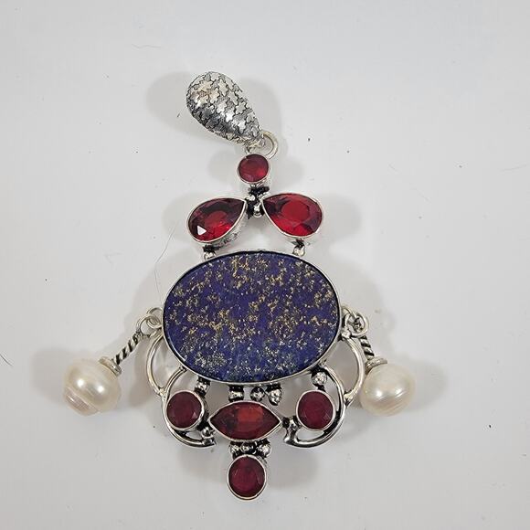 Handmade Sterling Silver Pendant with Lapis Lazuli Garnet Accents and Pearl Drop - Picture 7 of 10